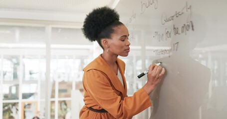 Presentation, whiteboard and black woman in business workshop writing strategy, planning and training company leadership. African manager, boss or worker brainstorming career management and feedback