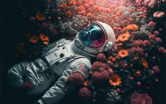 astronaut into the flower paradise created with Generative AI technology
