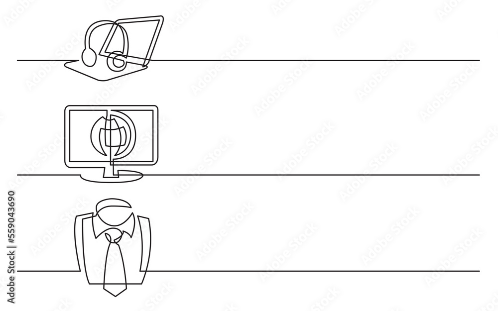 Wall mural PNG image with transparent background of continuous line drawing of business icons: headphones with laptop computer, display with world map, business tie