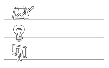 PNG image with transparent background of continuous line drawing of business icons: presentation, light bulb symbol, chart screen