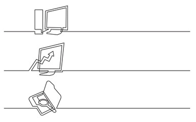 Fototapeta na wymiar PNG image with transparent background of continuous line drawing of business icons: desktop computer, diagram, search folder