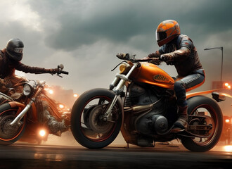 Illustration of two motorcyclists on motorcycles wearing steampunk protective helmets after a collision. Against the background of dark clouds and night city lights. Generative AI technology.