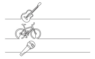 PNG image with transparent background of continuous line drawing of business icons: guitar, bike, microphone