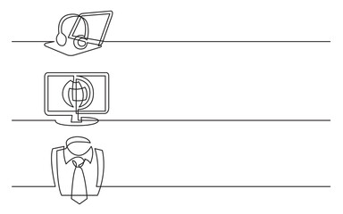 PNG image with transparent background of continuous line drawing of business icons: headphones with laptop computer, display with world map, business tie