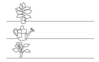 PNG image with transparent background of continuous line drawing of business icons: home plant, watering can, flower © OneLineStock