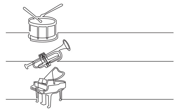 PNG image with transparent background of continuous line drawing of business icons: drum with drumstick, trumpet and grand piano