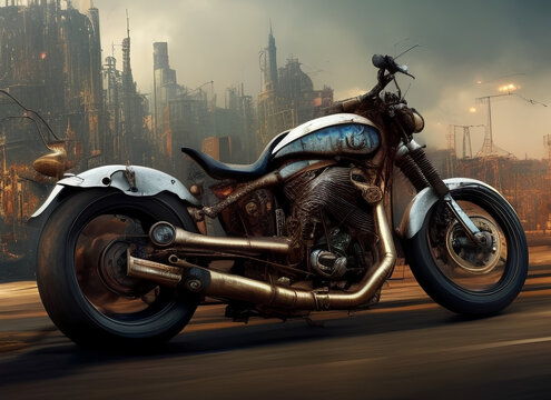 Illustration of a motorcycle with brass pipe in steampunk style. Against the backdrop of a foggy ruined city of the future. Generative AI technology.