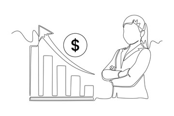 Continuous one line drawing Happy business woman because financial graph arrow rising. Economics and business concept. Single line draw design vector graphic illustration.