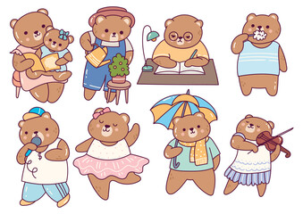 Obraz premium Set of Cute Cartoon Bear Doing Various Activities 