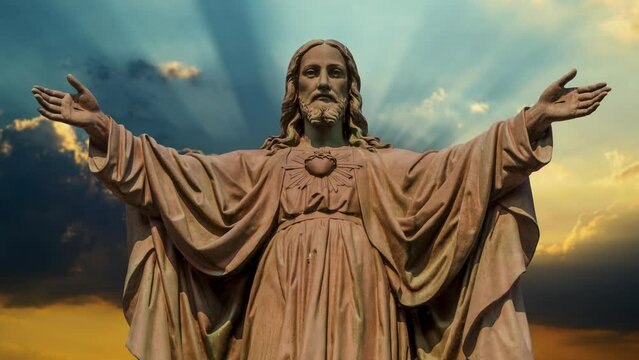 Jesus Christ Statue. Clouds Moving Time Lapse. 4K, 422 ProRes HQ.