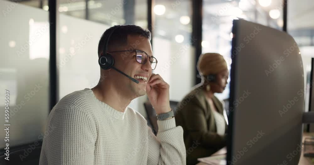 Poster contact us, crm or happy consultant in call center talking, communication or helping with inbound ma
