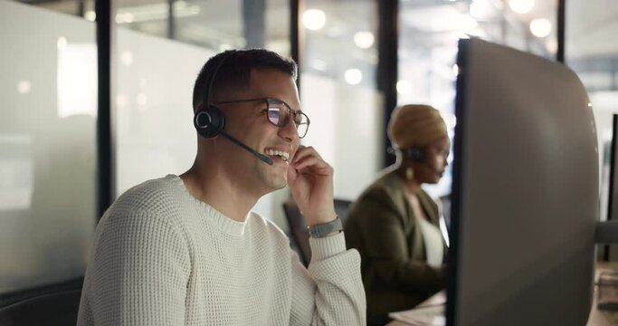 Contact us, crm or happy consultant in call center talking, communication or helping with inbound marketing. Customer services, technical support or salesman speaking of life insurance on microphone