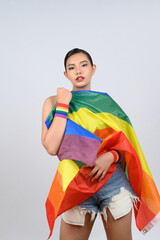 Pretty woman LGBQ pose with muli-color flag