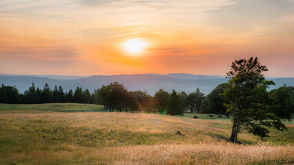Fototapeta na wymiar Beautiful sunset over farmlands in the Swiss Alps - travel photography