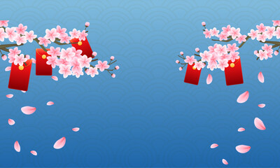 Chinese new year background template Illustrations with traditional blue pattern and hanging red envelope in pink Sakura Tree Branches.