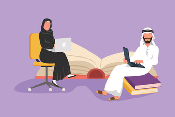 Fototapeta na wymiar Graphic flat design drawing group of people with laptop computer at home. Arabian man sitting on pile of books, woman sitting on chair, typing or studying together. Cartoon style vector illustration