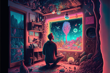 Illustration of psychedelia man staring into an aquarium - obrazy, fototapety, plakaty