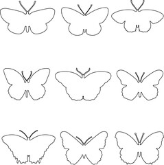 set simple butterfly silhouette character logo illustration vector sketch for coloring