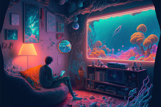 Illustration of a man using a phone in psychedelia world