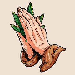 illustration vector of praying hands with cannabis leaf