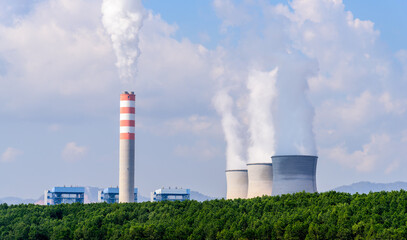 Coal fired electric power plant with agriculture field landscape. Hongsa city, Laos.