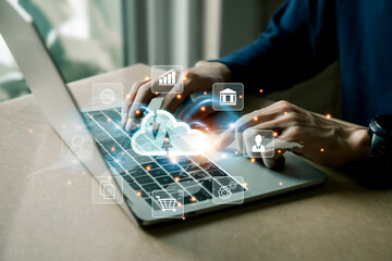 Bussiness  hand using laptop with virtual popup icon of cloud computin Storage and data transfer Cloud network , Cloud technology. Networking and internet service concept.