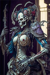 Female porcelain cyborg geisha samurai skeletal mechanics, dynamic action pose, partial, scythe like katana