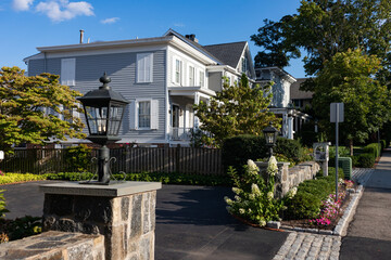 Beautiful Residential Neighborhood Sidewalk with Homes in Greenwich Connecticut 