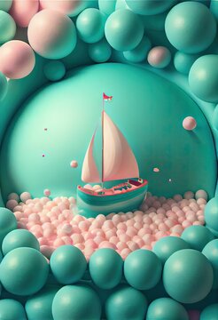 The Ocean As In Infinite Teal Ball Pit, An Inflatable Sail Boat Is Sailing On The Ball Pit Ocean