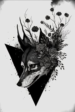 Wolf Skull Deadly Nightshade, Flowers, Black and white splash art