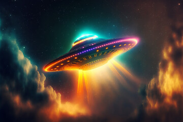Fototapeta na wymiar UFO is flying in a colorful universe. Generative AI. Alien UFO. Unidentified flying object. Clipping path included.
