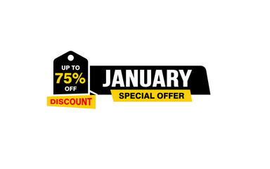 75 Percent JANUARY discount offer, clearance, promotion banner layout with sticker style. 