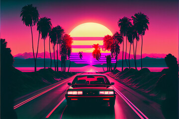 Fototapeta na wymiar Vaporwave car driving into the sunset ai art