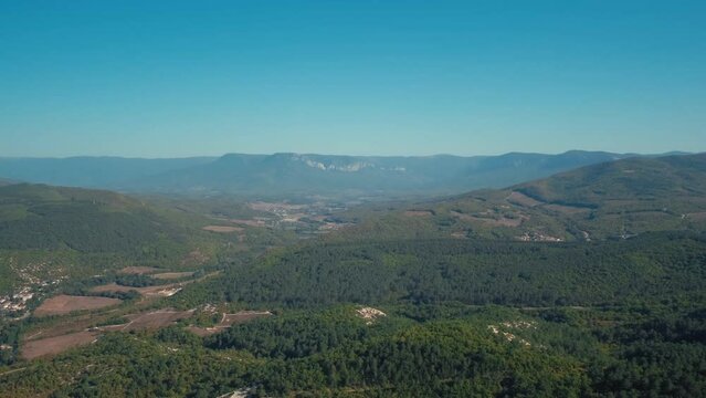 panorama of a green valley with villages. Crimea. Baydar valley