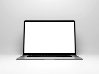 Laptop with blank screen isolated on white background, white aluminium body. Whole in focus. High detailed. Template, mockup.
