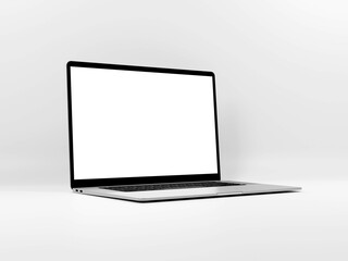 Laptop with blank screen isolated on white background, white aluminium body. Whole in focus. High...