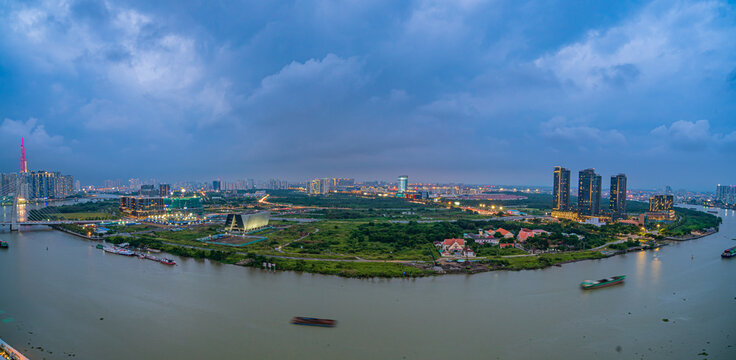 HO CHI MINH, VIETNAM - April 29, 2022: Ho Chi Minh City at night, view to District 2, Thu Duc City, light trail, landmark 81