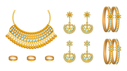 vector of realistic gold jewelry set, realistic vector of necklace, bangles, rings and earrings.