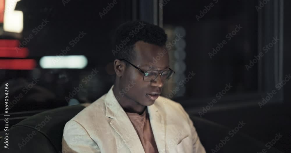 Aufkleber Cybersecurity, hacker or cyber black man at night in zoom working with networking or programming. Software, computer or programmer for strategy online code, data analytics or data analysis with tech