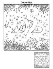 Year 2023 dot-to-dot hidden picture puzzle and coloring page activity sheet
