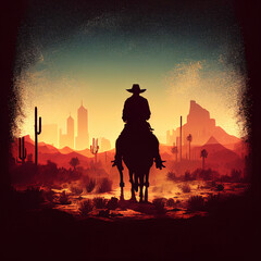 Fototapeta na wymiar Cowboy and horse ars in the desert with sunset background