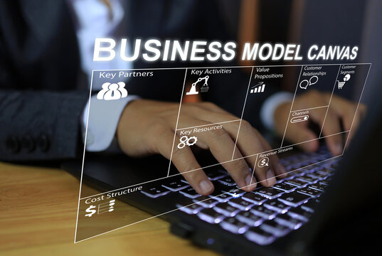Businessman Planning Business A Plan With Business Model Canvas Through A Laptop On The Desktop For Project Presentation And Budgeting From High Net Worth Investors Value Proposition Cost And Revenue.
