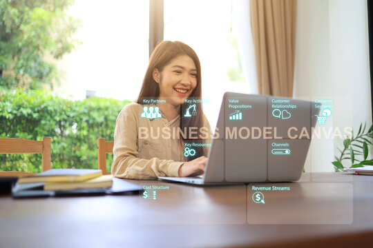 Business Woman Planning Business A Plan With Business Model Canvas Through A Laptop On The Desktop For Project Presentation And Budgeting From High Net Worth Investors Value Proposition And Revenue.