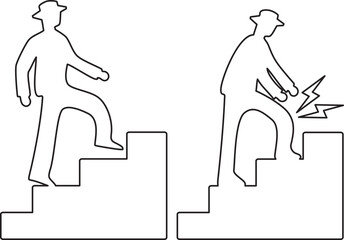 一生懸命に階段を登る男性と膝が痛くてがつらそうな男性