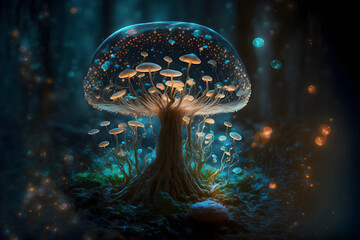 A majestic mushroom stands tall in the middle of the enchanted forest. Its vibrant blue hues seem to light up the forest, creating a magical atmosphere. 