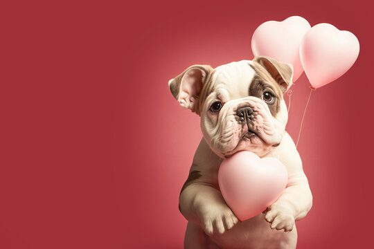 Valentine bulldog puppy with pink heart shaped balloons isolated on red background. Generative AI.