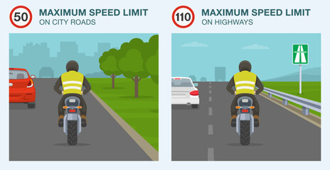 Safe motorcycle riding tips and traffic regulation rules. Maximum speed on city roads and highways. Back view of a motorcyclist on road. Flat vector illustration template.