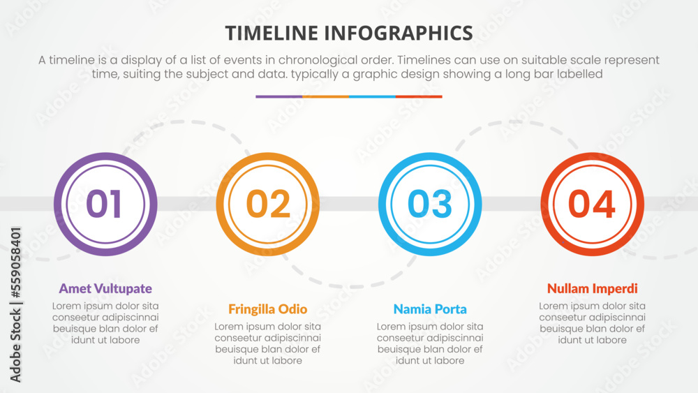 Aufkleber timeline infographic concept with circle number label for slide presentation with 4 point list