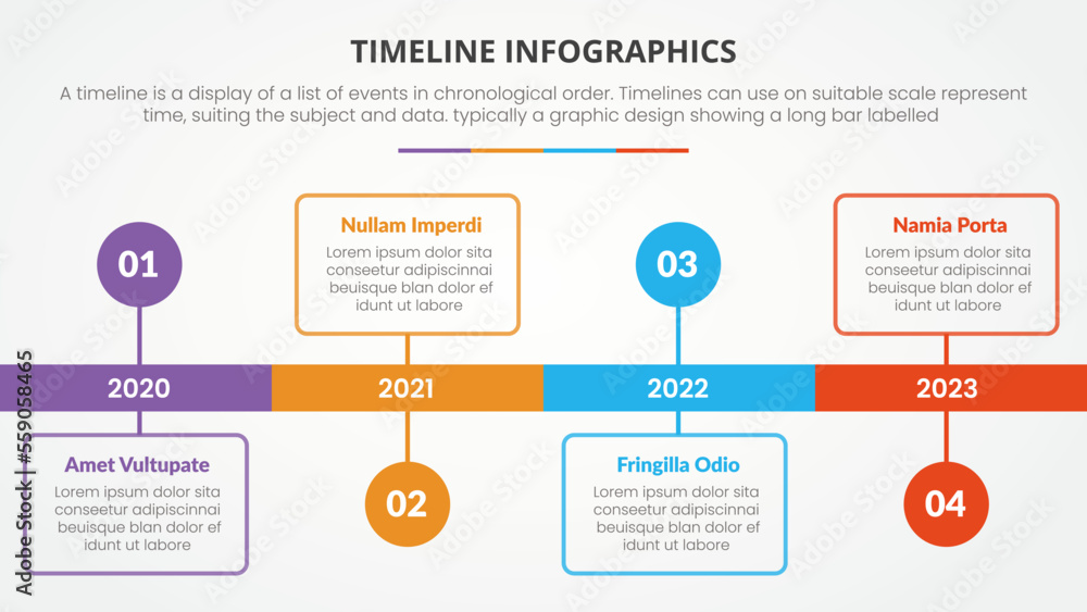 Aufkleber timeline infographic concept with year and square timeline description for slide presentation with 4 point list