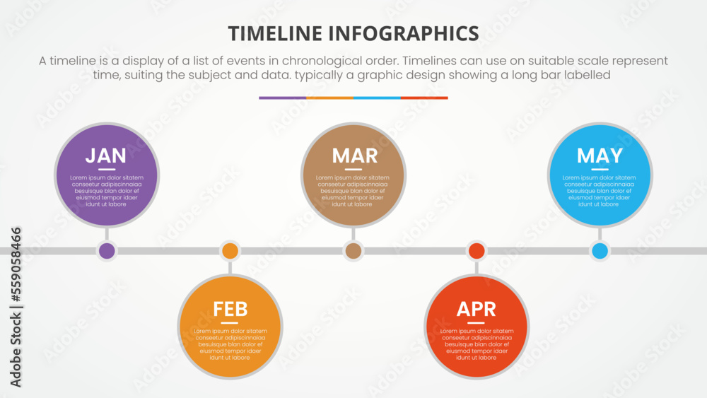 Poster timeline infographic concept with circle monthly label for slide presentation with 4 point list